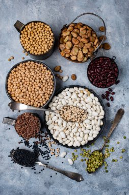 Üst görünüm, farklı kaselerde, dokulu gri arka planda, protein açısından zengin ham ve renkli baklagiller.