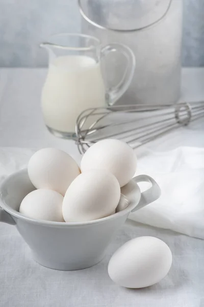 Kitchen Gray Textured Background Some Utensils Flour Milk Eggs Ready — Stock Photo, Image