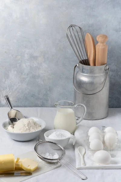 Kitchen Gray Textured Background Some Utensils Flour Milk Eggs Various — Stock Photo, Image