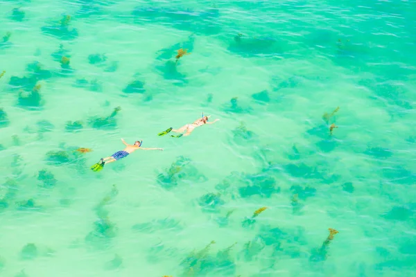 Flygplats, ungt par turister i snorkling mask dyka under vattnet i gröna alger. Sommarsäsongen. — Stockfoto