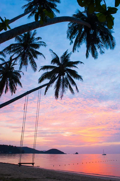 Rustige tijd, mooie wolken en zonsondergang hemel. Swing en coconu — Stockfoto