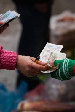 Vietnamlı kadın satıcı yerel pazarda banknot sayma.