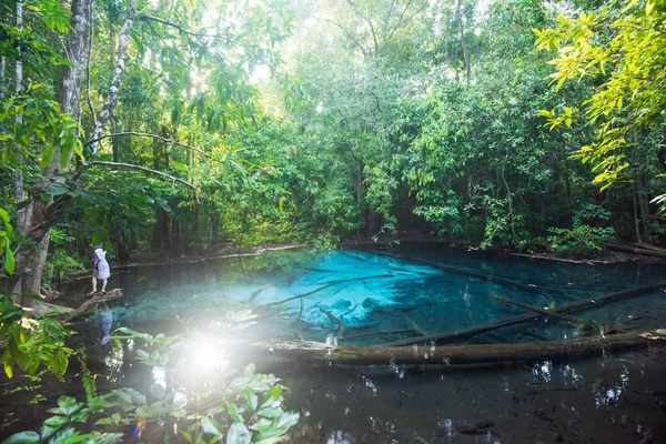 Ancient turquoise pond in tropical forest.