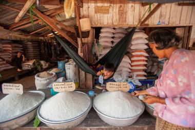 Khmer küçük çocuk hamakta uzun tahıllı pirinç satmak için bekliyor..