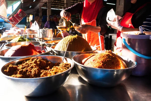 Multi Halal Curry Stainless Steel Basin Local Market Yala South — Stock Photo, Image