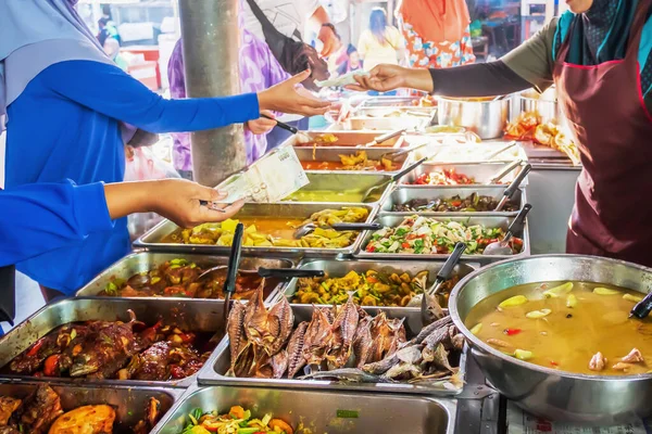 Morning Scene Halal Home Cooked Dishes Stall Sold Daily Market — Stock Photo, Image