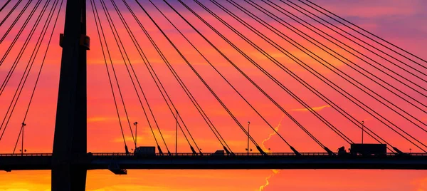 Truck Trailer Pickup Truck Drives Suspension Bridge Dusk Dramatic Sky — Stock Photo, Image