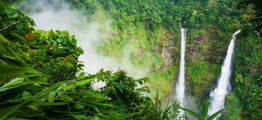 Harika Tad Fane şelalesi, sisli, pitoresk yağmur mevsiminde ikiz şelalede, Güney Laos 'ta turistik eğlence..