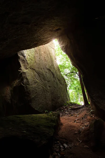 Caverna Mística Uma Floresta Antiga Raio Sol Brilha Através Floresta — Fotografia de Stock