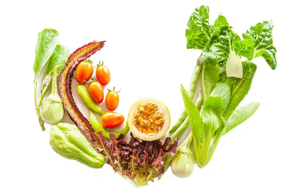 Fruits Légumes Biologiques Frais Plats Étendent Sur Fond Blanc Vue — Photo