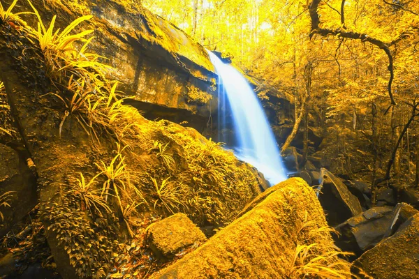 Blauer Wasserfall Einem Herbstlichen Wald Leuchtend Gelbe Blätter Nach Jahreszeit — Stockfoto