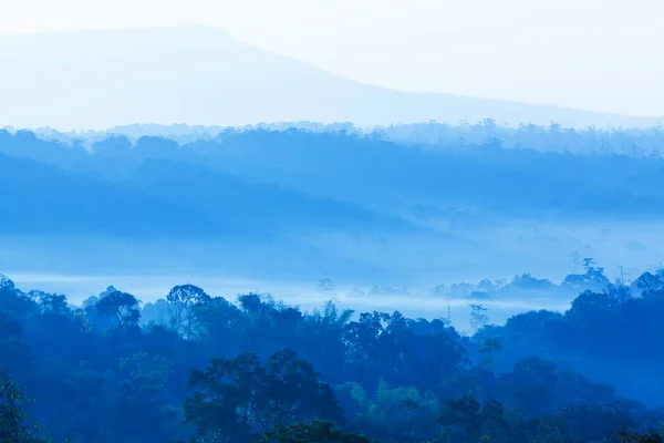 Спокійний Пейзаж Блакитної Гори Ранковому Тумані Який Схід Сонця Світить — стокове фото