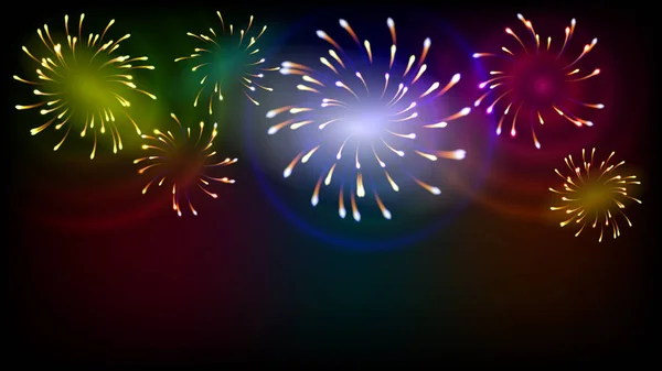 Helles, festliches Feuerwerk vor dunklem Hintergrund. Hintergrund für die Neujahrsparty. Leuchtendes Feuerwerk mit farbigen Ringen — Stockvektor