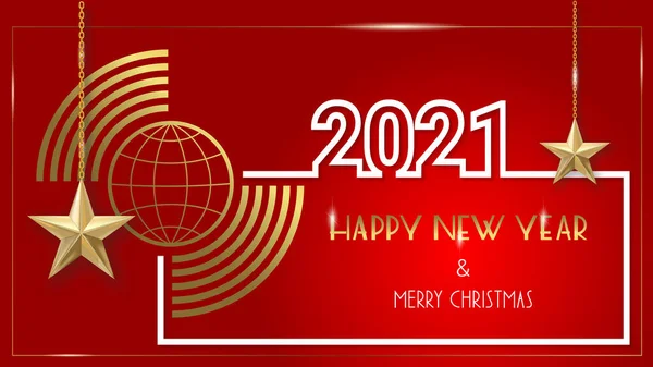 Luxury greeting card 2021 Happy New Year and Merry Christmas on a dark red background — Stock Vector