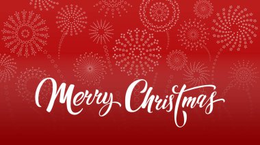 Çeşitli havai fişeklerle dolu kırmızı bir arka planda Mutlu Noeller ve mutlu yıllar..