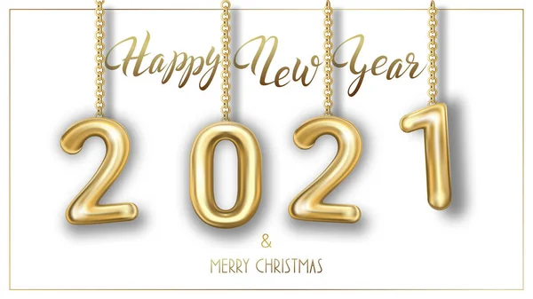 Merry christmas and happy new year greetings as vector illustrations of gold metal 2021 numbers — Stock Vector