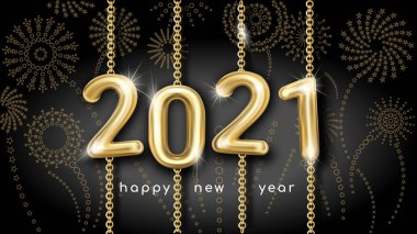 Altın zincirler arasında uzanan altın parıltılı 2021 sayısıyla havai fişeklerle dolu karanlık bir arka planda mutlu yıllar dilerim. Festive poster ya da afiş tasarımı.