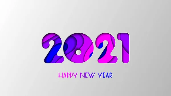 新年快乐2021年卡片。数字是用不同紫色色调的波浪形3D形状从纸上剪下来的. — 图库矢量图片