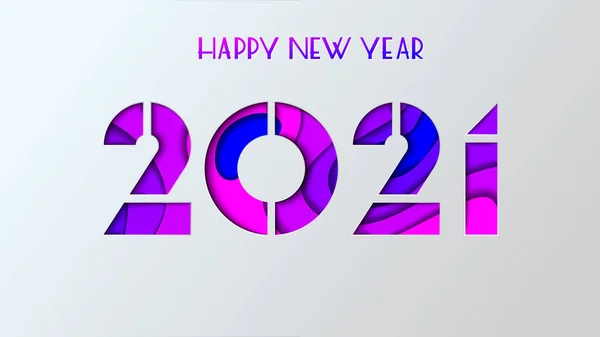 新年快乐2021年卡片。纸切数字,波浪形,紫蓝色, 3D,鲜艳色彩. . — 图库矢量图片