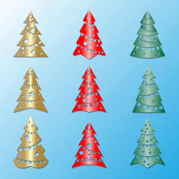 一套形状各异 装饰各异的圣诞树 采用剪纸式的阴影 背景为冷蓝色 — 图库矢量图片
