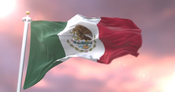 日落时 墨西哥国旗在风中飘扬 — 图库视频影像