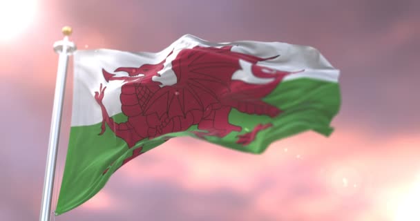 Vlag Van Wales Zwaaien Wind Het Langzaam Zonsondergang Lus — Stockvideo