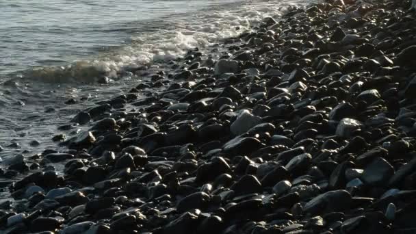 Küste Mit Steinen Und Kieselsteinen Gebadet Von Meereswellen Bei Sonnenuntergang — Stockvideo