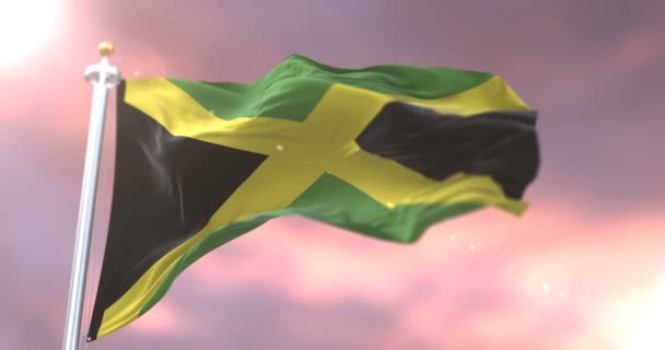 Флаг Ямайки Машущий Ветром Закате Медленно Петля — стоковое видео