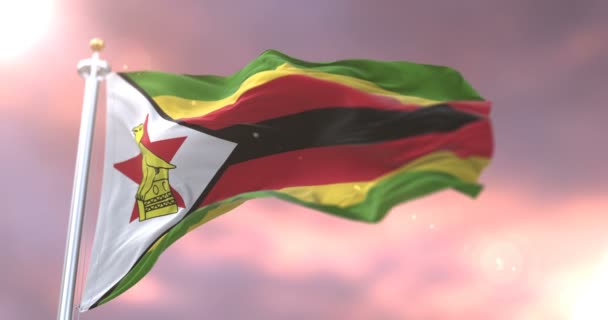 津巴布韦国旗在风中挥舞着缓慢的日落 — 图库视频影像