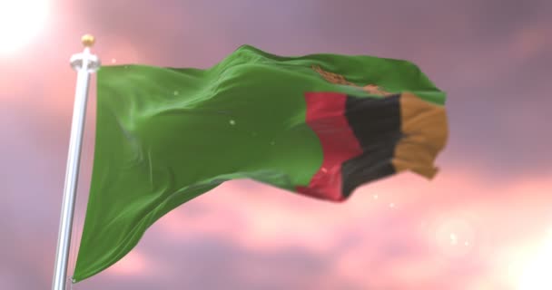 Sambia Flagge Weht Wind Langsam Bei Sonnenuntergang Schleife — Stockvideo