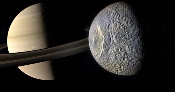 Satélite Mimas Orbitando Torno Planeta Saturno — Vídeo de Stock