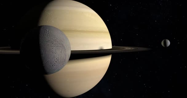 Satélite Encélado Orbitando Alrededor Del Planeta Saturno Juntos Mimas — Vídeo de stock