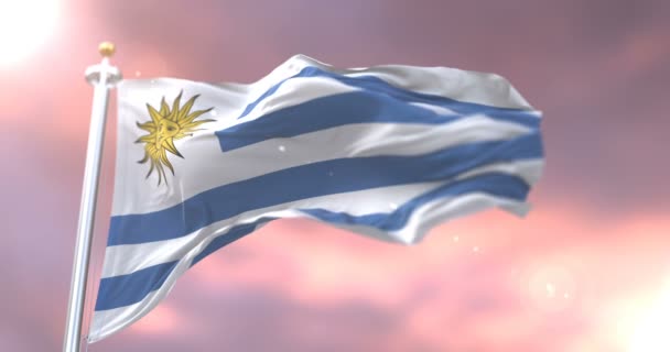 Vlag Van Uruguay Zwaaien Wind Het Langzaam Zonsondergang Lus — Stockvideo