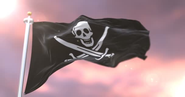 Pirate Flag Waving Wind Slow Sunset Loop — Stock Video