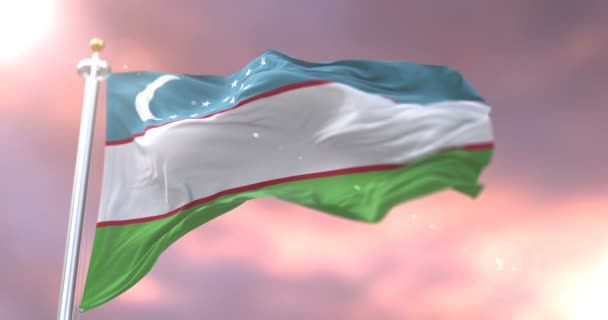 Bandera Uzbekistán Ondeando Viento Lentamente Atardecer Bucle — Vídeos de Stock