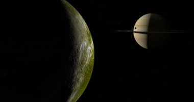 Mimas ve Satürn gezegeni, arka plan ile Dione yörüngedeki uydu