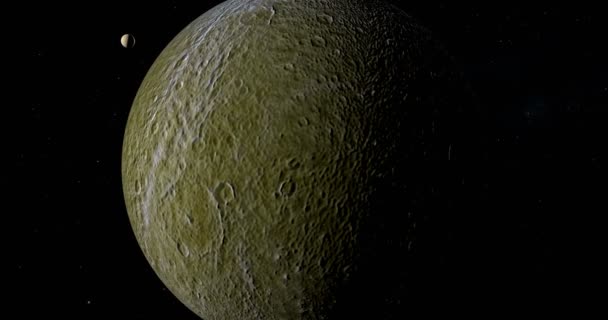 Satélite Rhea Saturno Orbitando Espaço Exterior Com Várias Luas — Vídeo de Stock