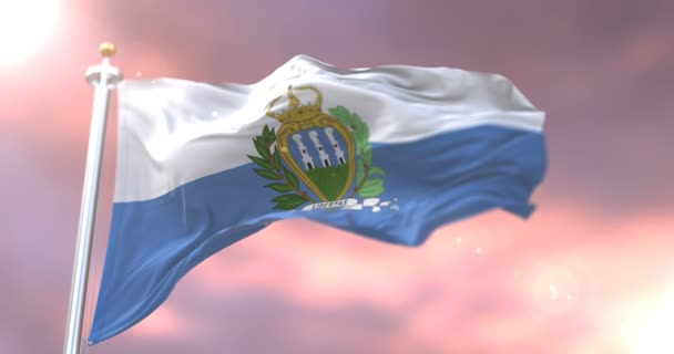 Прапор Сан Марино Розмахуючи Вітер Повільно Захід Сонця Петля — стокове відео