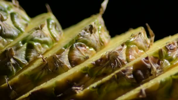 Slices Van Natuurlijke Ananas Fruit Draaien Zwarte Achtergrond Studio — Stockvideo