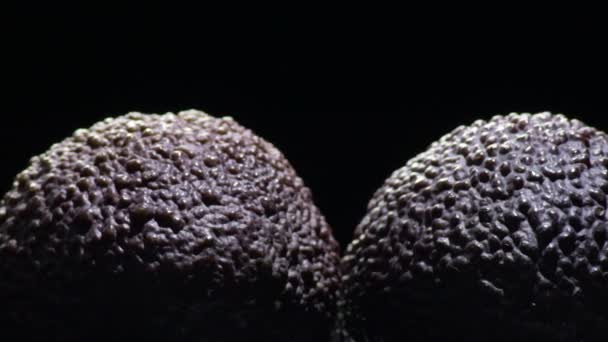 熟したハスの皮の濃い紫色 Avocadosフルーツギザギザの黒の背景 — ストック動画