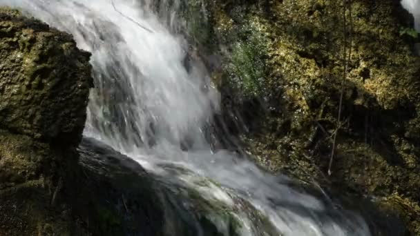 Gebirgswasser Fließt Zwischen Fels Und Steinen — Stockvideo