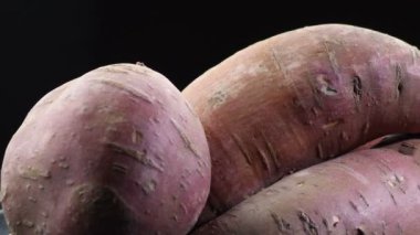 Siyah arka planda dönen bir dağda çiğ patates. Ipomoea Batatas