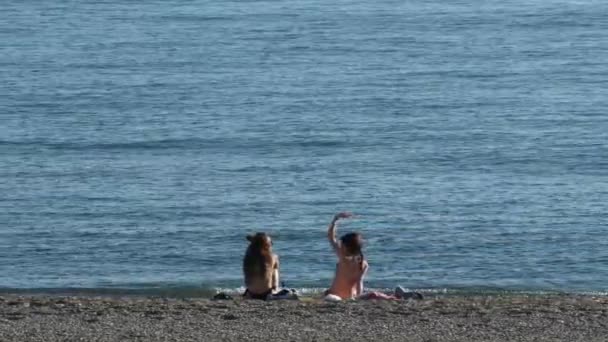 两个女孩在海滩上谈论着什么 — 图库视频影像