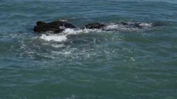碧绿的大海冲击着海滩上出现的岩石 — 图库视频影像