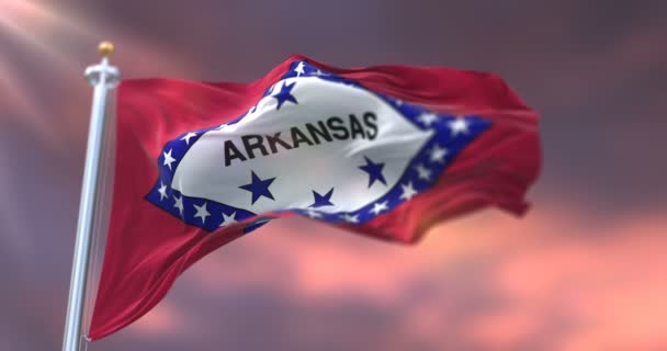 Flagge Des Bundesstaates Arkansas Region Der Vereinigten Staaten Bei Sonnenuntergang — Stockvideo