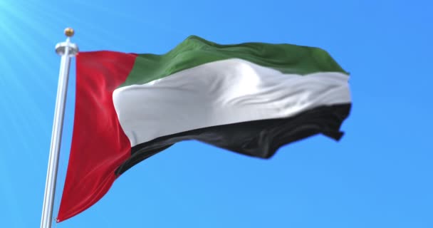 Flag United Arab Emirates Waving Wind Slow Blue Sky Loop — Stock Video