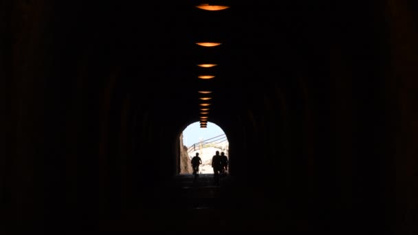 骑自行车 走路和跑步的人 在隧道里 — 图库视频影像
