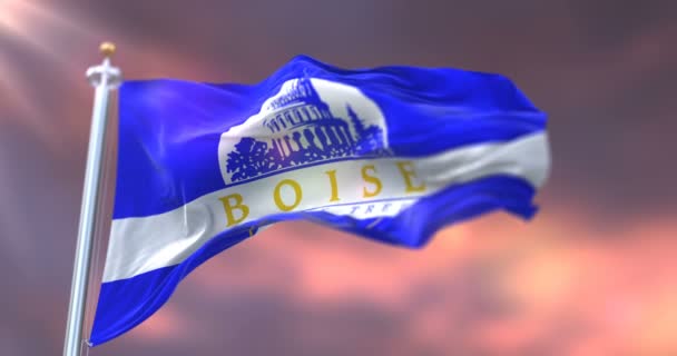 アメリカのアイダホ州の日没時のボイシの旗 ループ — ストック動画