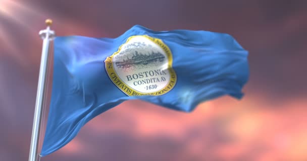 Flagge Von Boston Bei Sonnenuntergang Stadt Der Vereinigten Staaten Von — Stockvideo