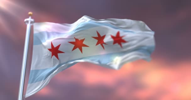 Σημαία Της Πόλης Του Σικάγο Κυματίζει Στο Ηλιοβασίλεμα Πόλη Των — Αρχείο Βίντεο
